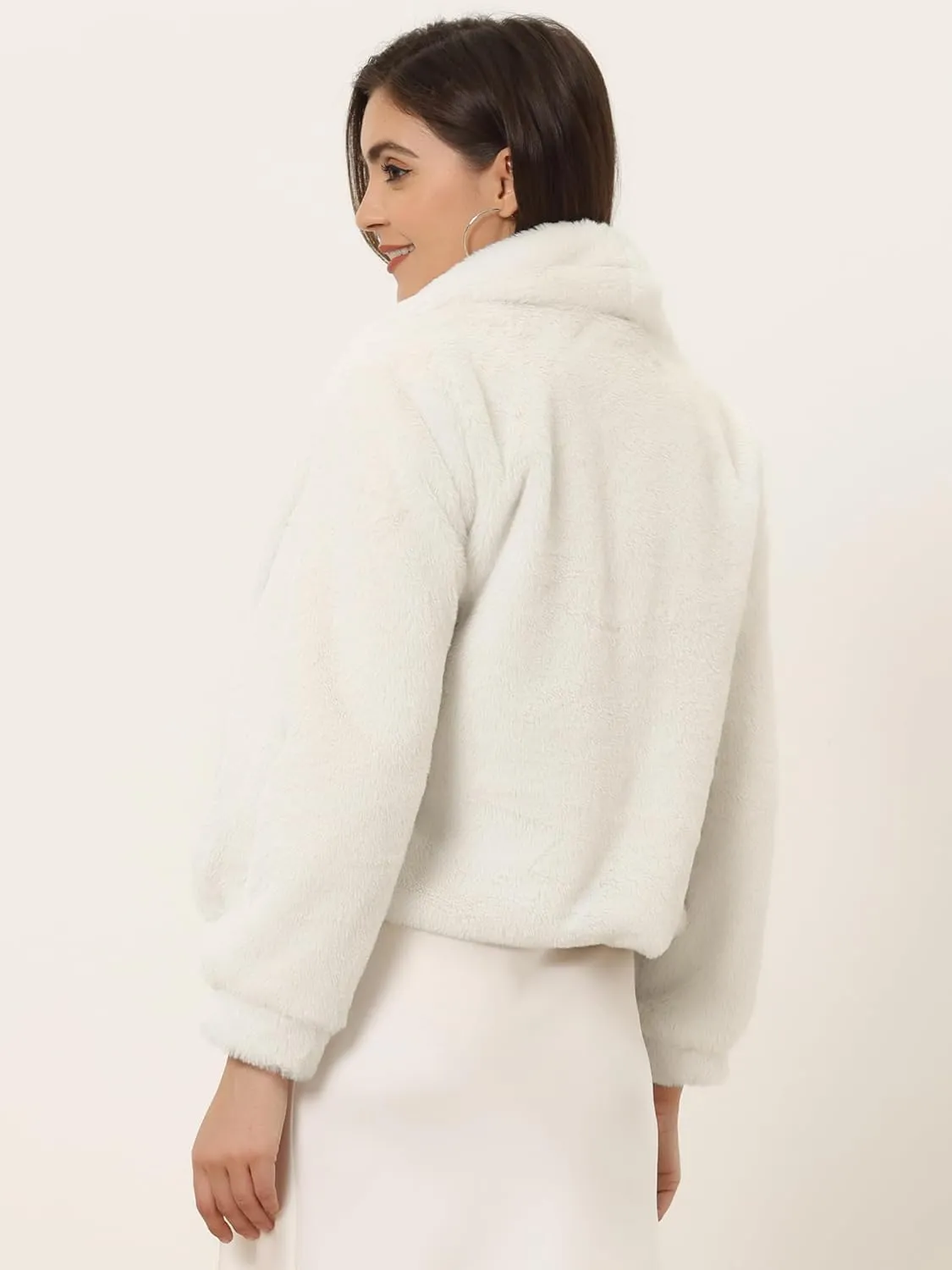 Allegra K Women's 2025 Fasion Winter Cropped Jacket Lapel Long Sleeve Faux Fur Fluffy Coat