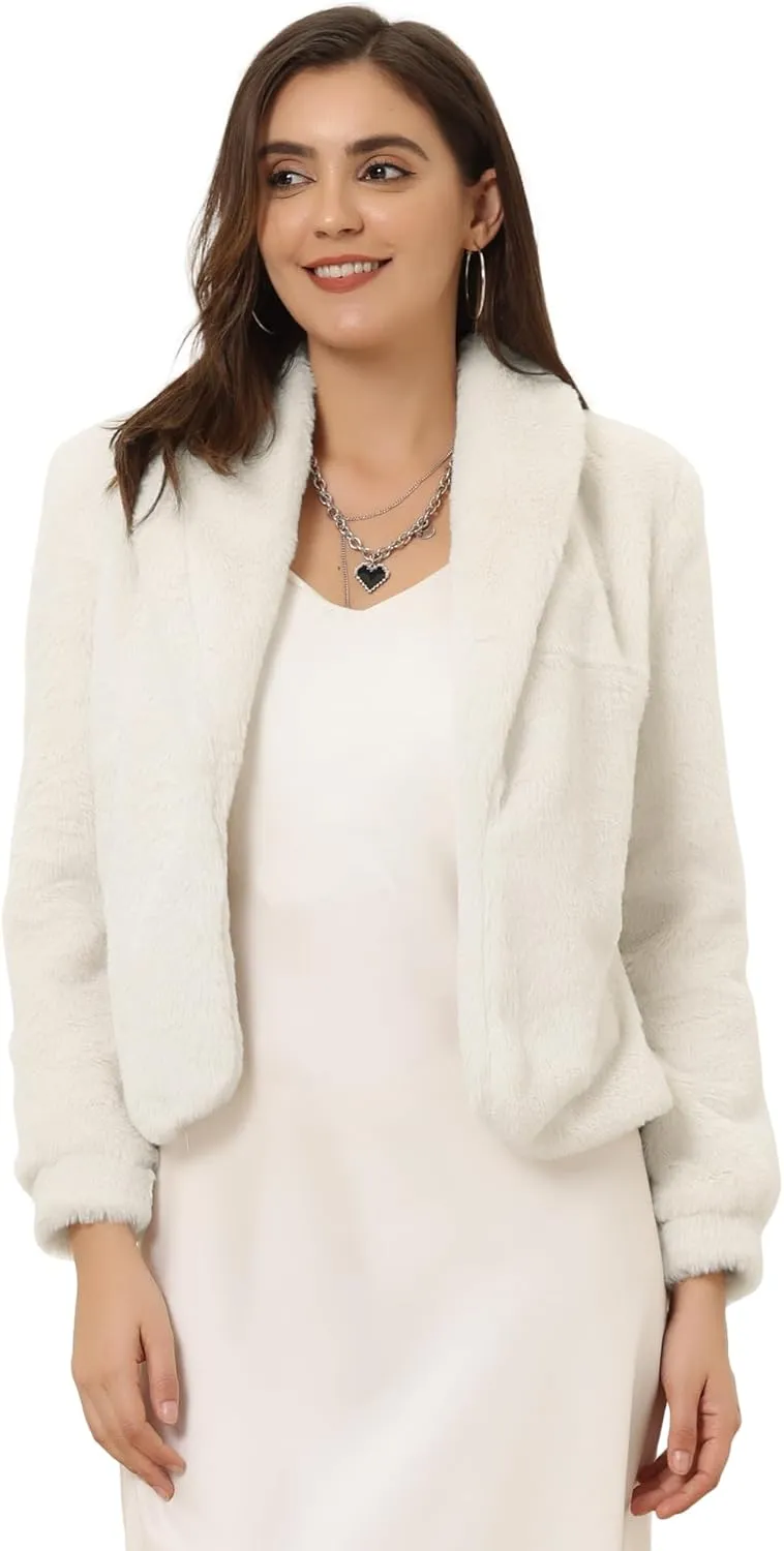Allegra K Women's 2025 Fasion Winter Cropped Jacket Lapel Long Sleeve Faux Fur Fluffy Coat