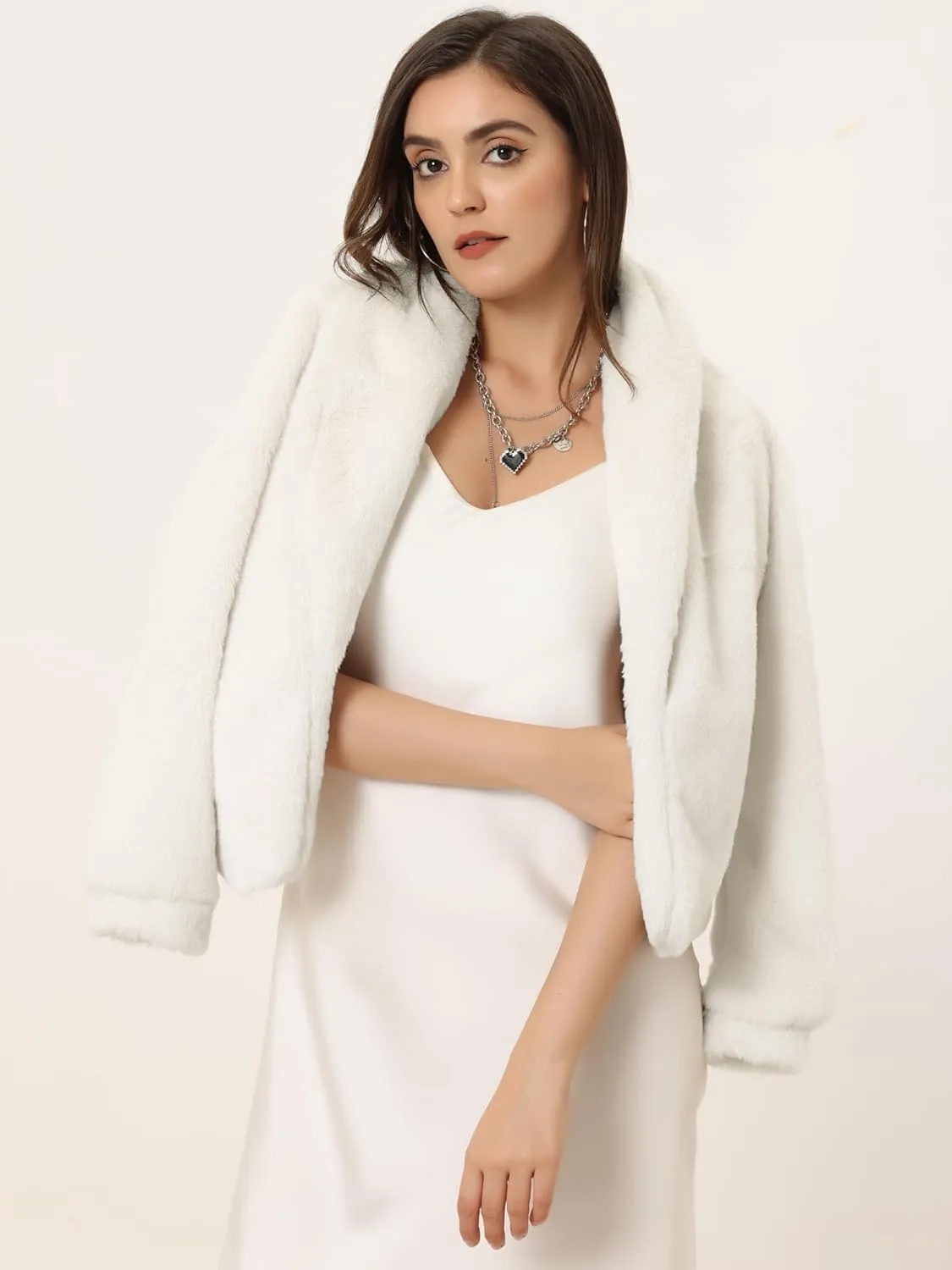 Allegra K Women's 2025 Fasion Winter Cropped Jacket Lapel Long Sleeve Faux Fur Fluffy Coat