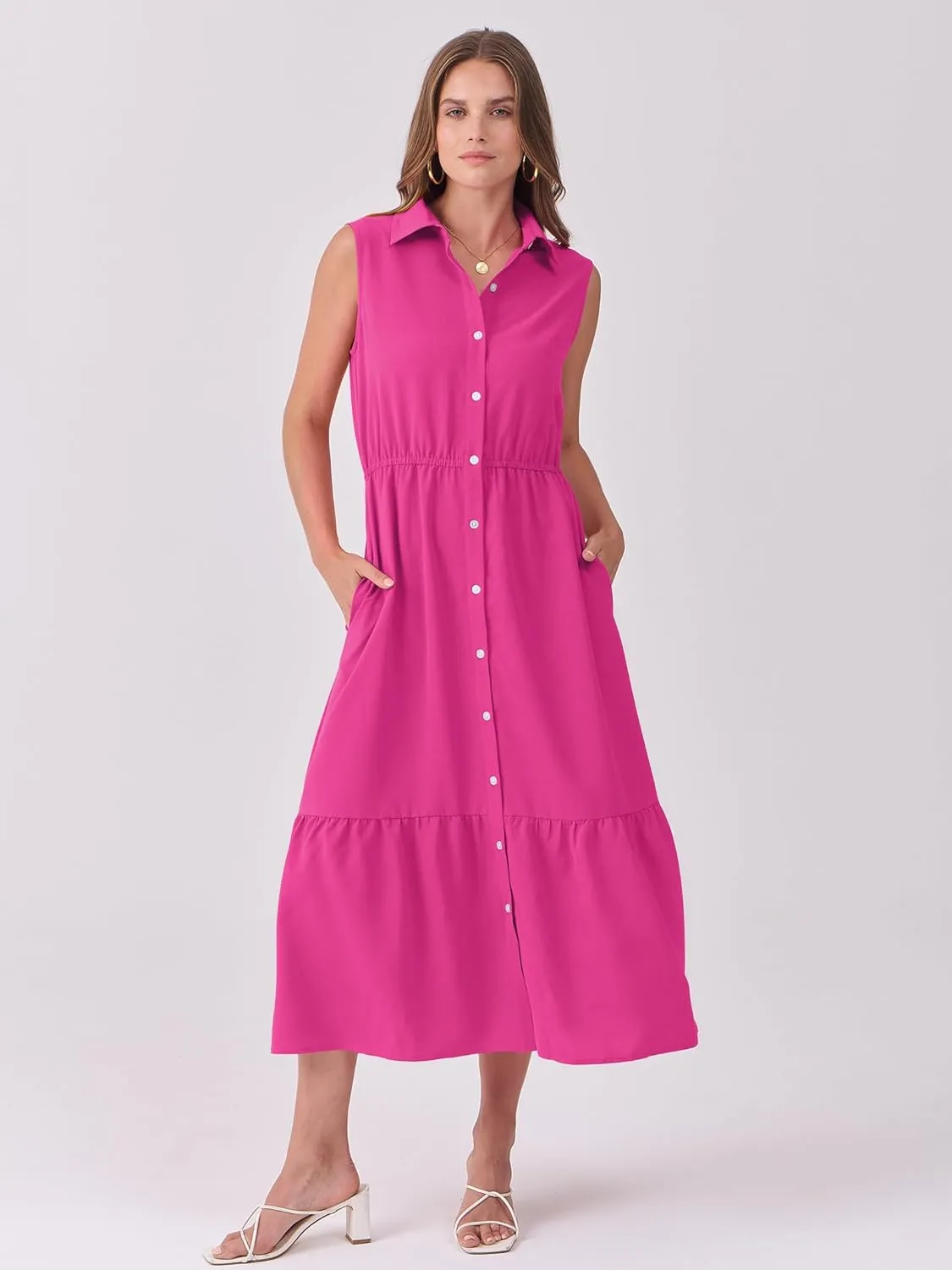 ANRABESS Womens Summer Button Down Maxi Shirt Dress Sleeveless Collared Tiered Work Dresses Beach Sundress with Pockets