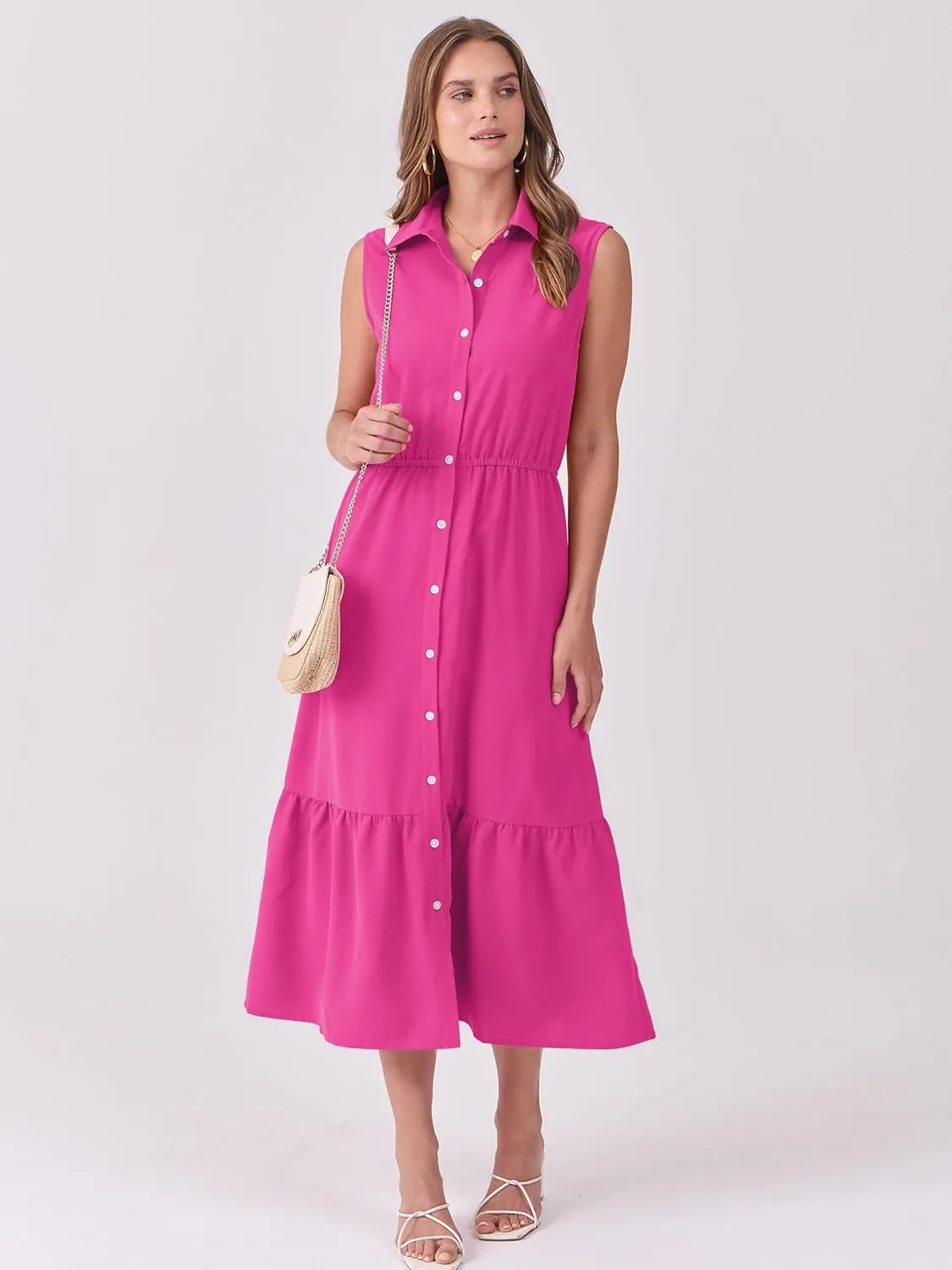 ANRABESS Womens Summer Button Down Maxi Shirt Dress Sleeveless Collared Tiered Work Dresses Beach Sundress with Pockets