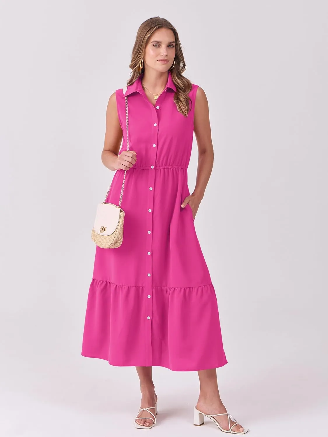 ANRABESS Womens Summer Button Down Maxi Shirt Dress Sleeveless Collared Tiered Work Dresses Beach Sundress with Pockets