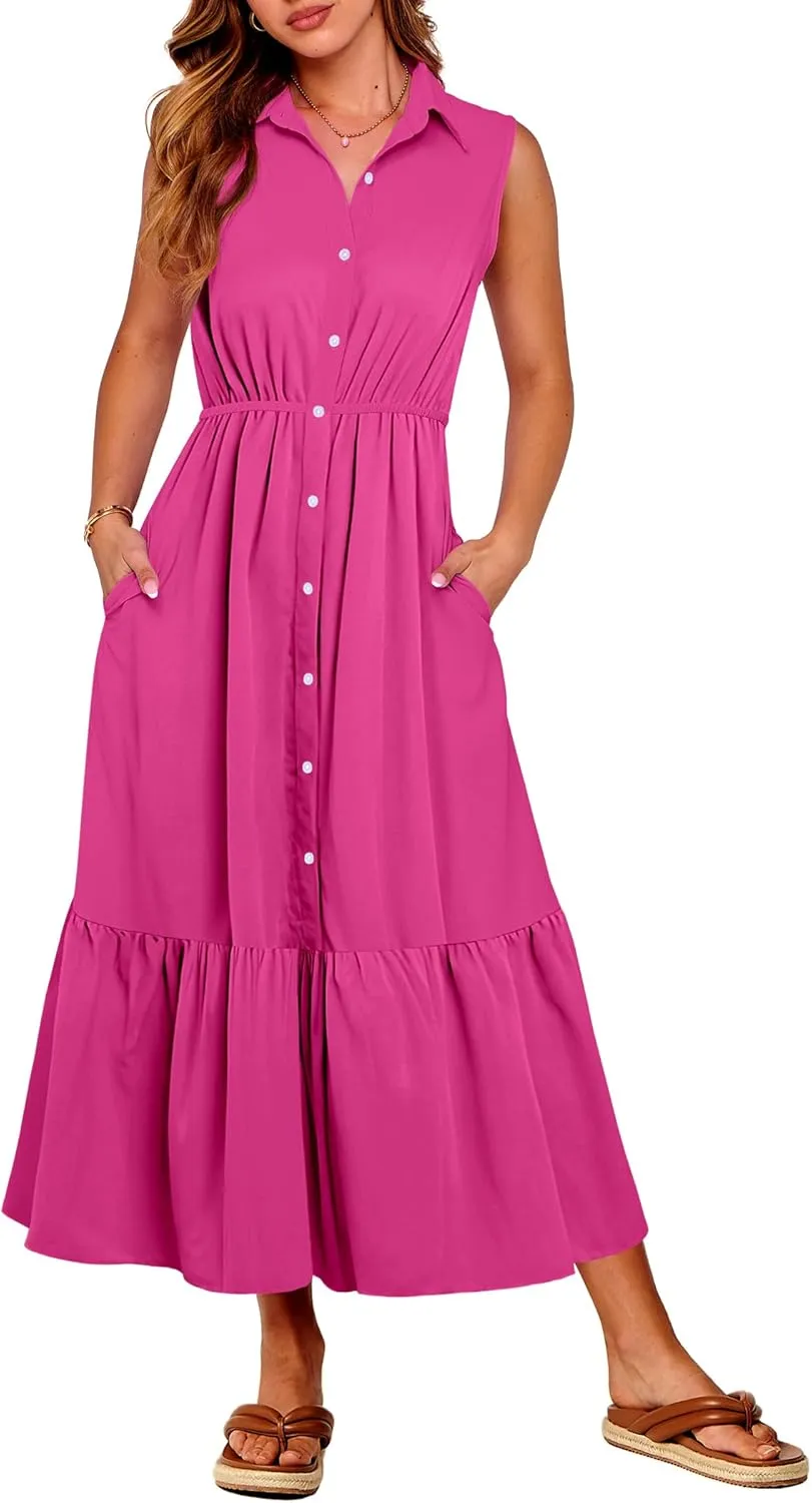 ANRABESS Womens Summer Button Down Maxi Shirt Dress Sleeveless Collared Tiered Work Dresses Beach Sundress with Pockets