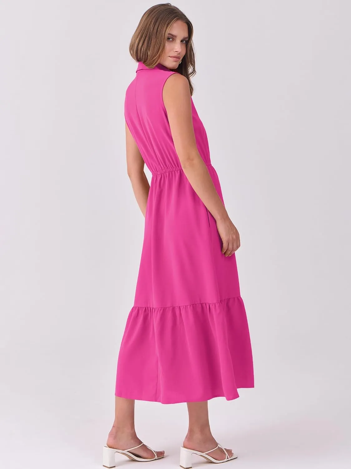 ANRABESS Womens Summer Button Down Maxi Shirt Dress Sleeveless Collared Tiered Work Dresses Beach Sundress with Pockets
