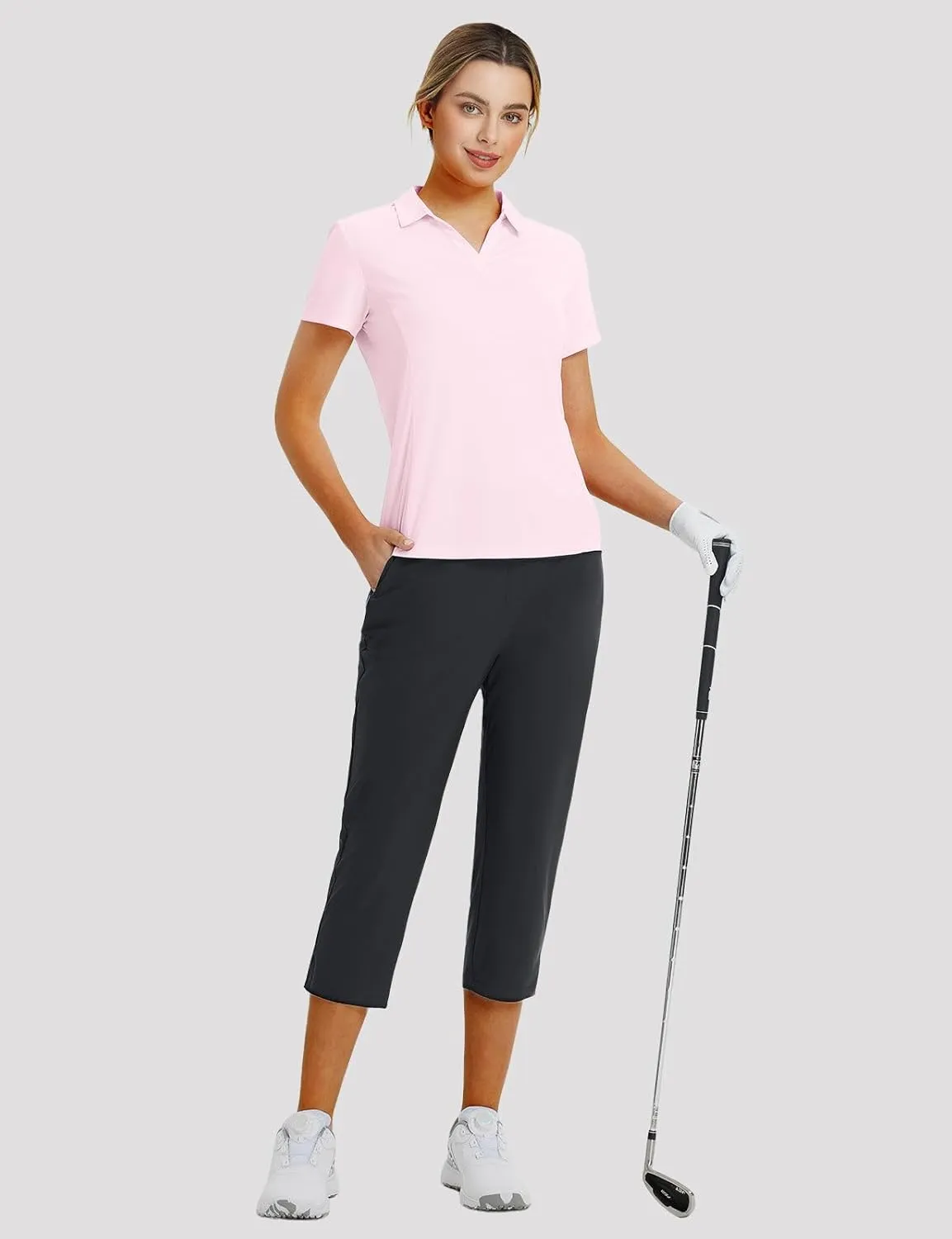 baleaf Women's Golf Shirts Polo Collared V Neck Shorts Sleeve Tennis Shirt Lightweight Quick Dry UPF50 
