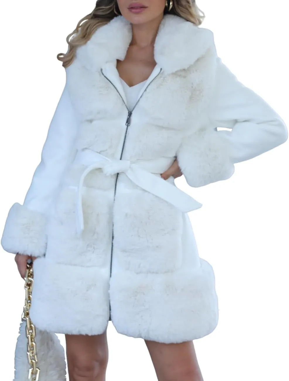 Bellivera Women's Wool Pea Coat Faux Fur Jacket Winter Warm Parka Overcoat with Belt