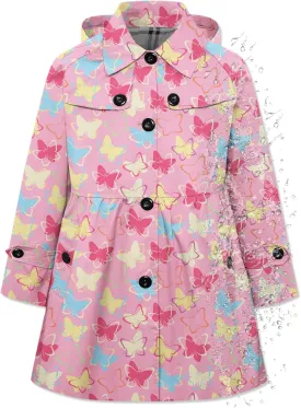 Betusline Girl's Hooded Rain Jackets Lightweight Print Waterproof Trench Coat Windbreaker Raincoats for Girls,2-14 Years