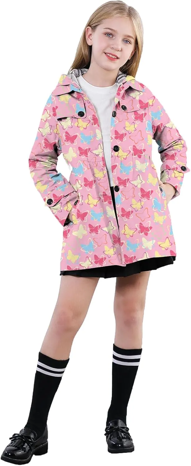 Betusline Girl's Hooded Rain Jackets Lightweight Print Waterproof Trench Coat Windbreaker Raincoats for Girls,2-14 Years