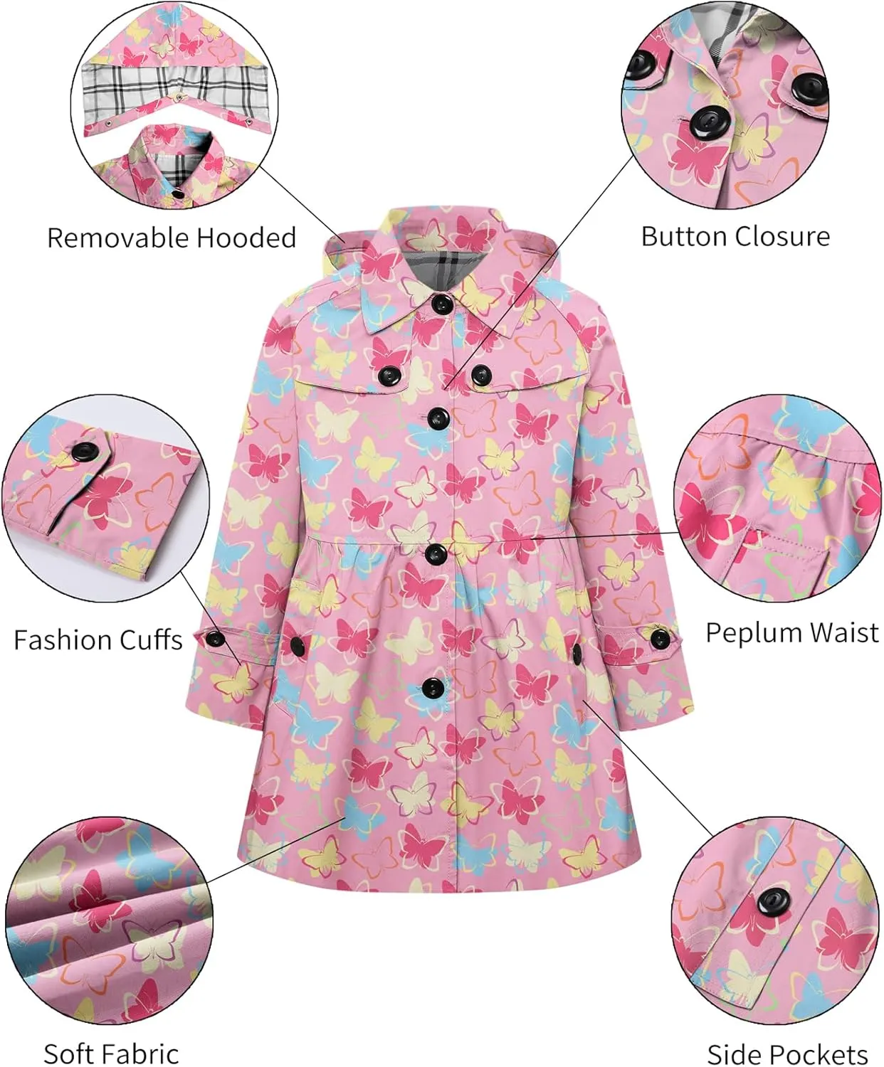 Betusline Girl's Hooded Rain Jackets Lightweight Print Waterproof Trench Coat Windbreaker Raincoats for Girls,2-14 Years