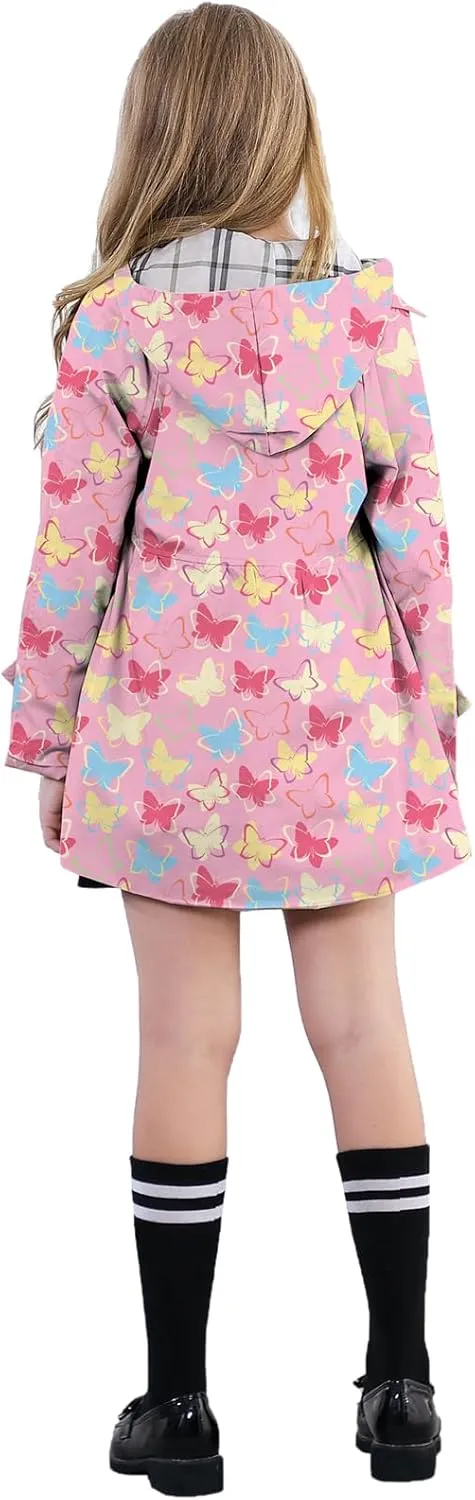 Betusline Girl's Hooded Rain Jackets Lightweight Print Waterproof Trench Coat Windbreaker Raincoats for Girls,2-14 Years
