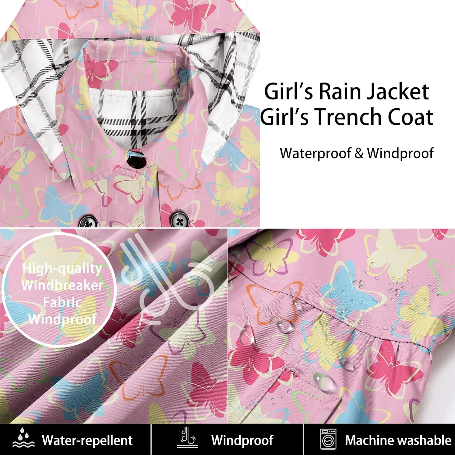 Betusline Girl's Hooded Rain Jackets Lightweight Print Waterproof Trench Coat Windbreaker Raincoats for Girls,2-14 Years