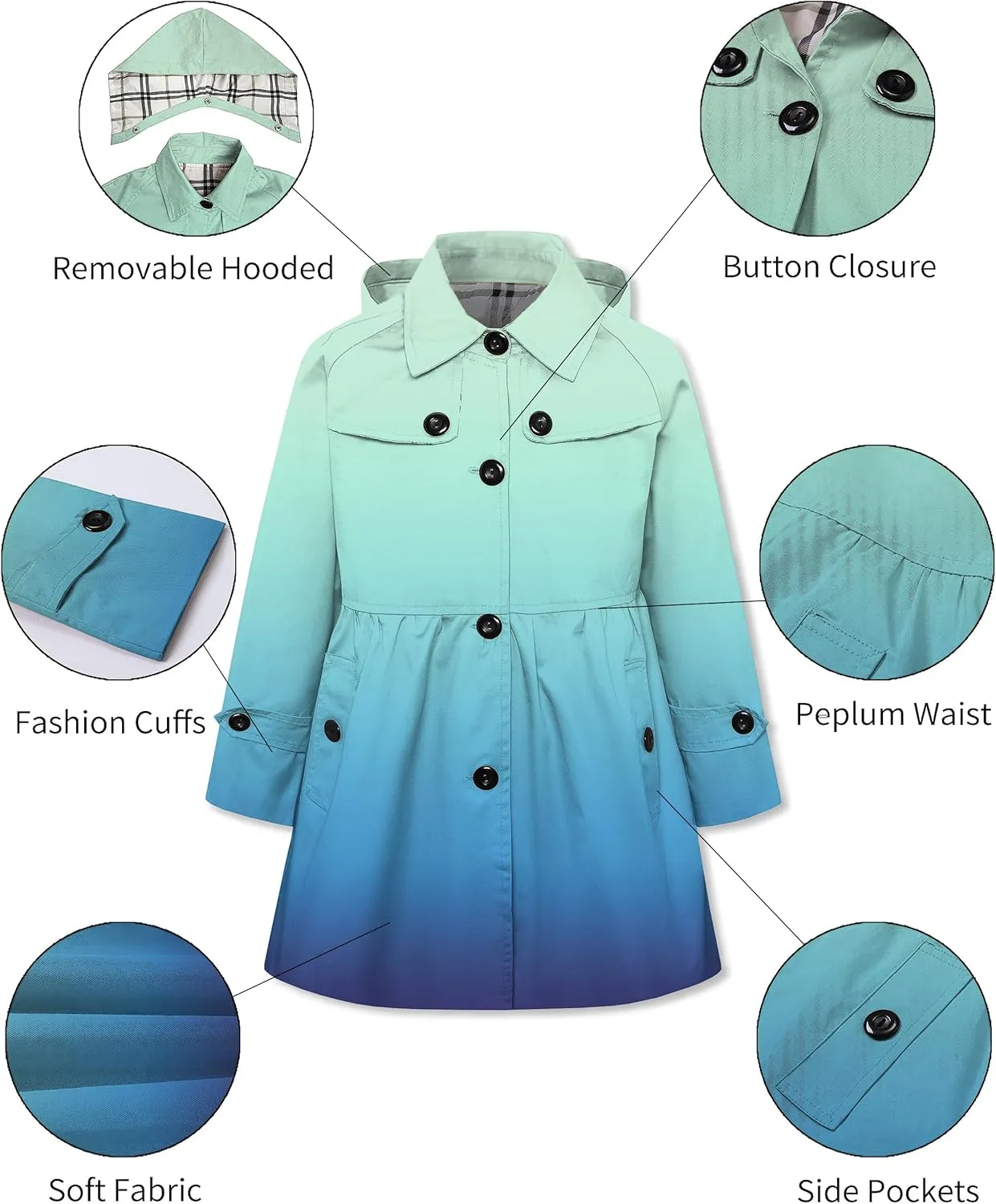 Betusline Girl's Rain Jackets Lightweight Waterproof Hooded Trench Coat Raincoats for Kids,2-14 Years