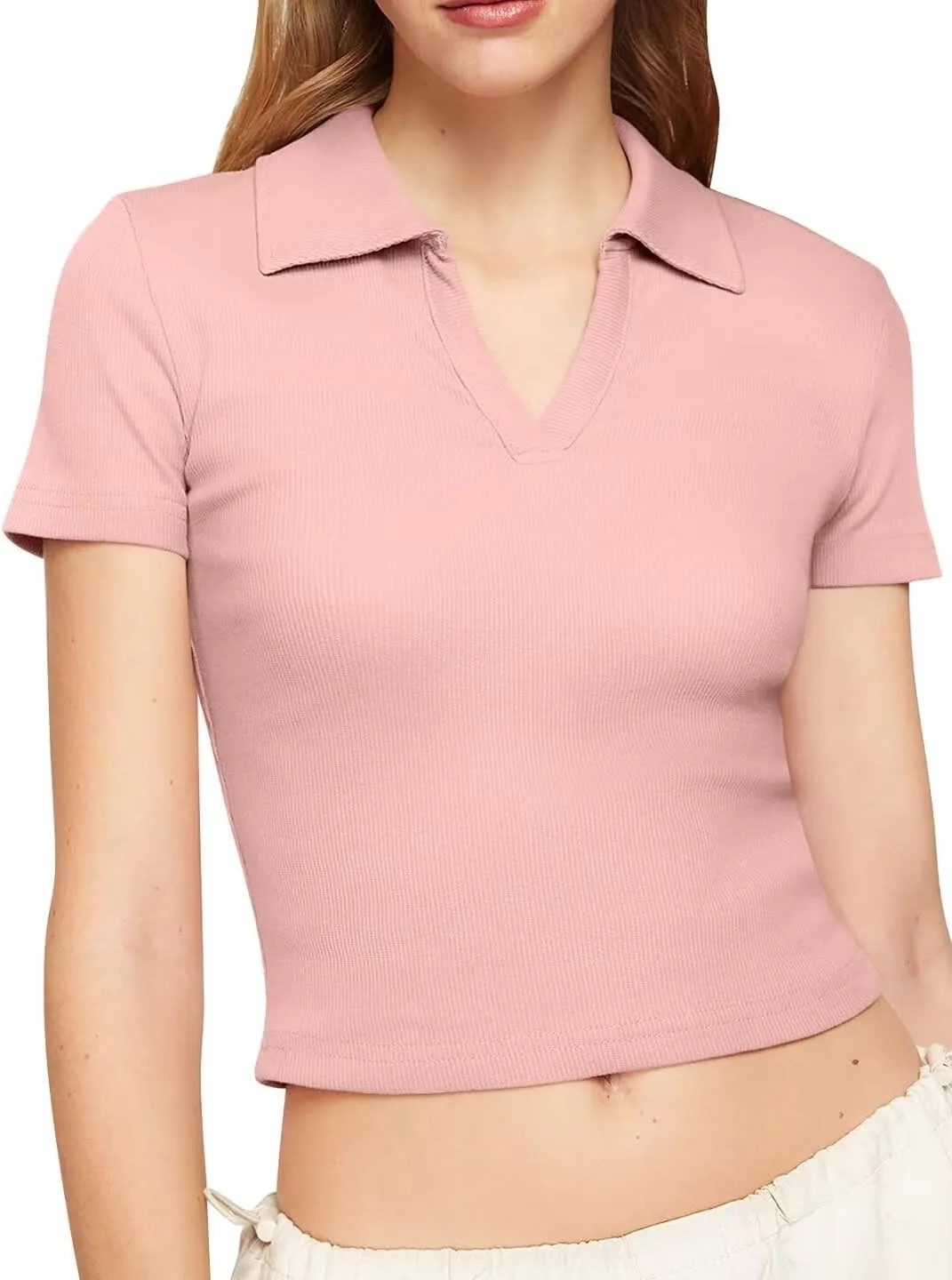 Bliwov Womens Summer V Neck Collared Work Tops Dressy Casual Short Sleeve Crop Polo Ribbed Shirts for Woman 2025 Trendy