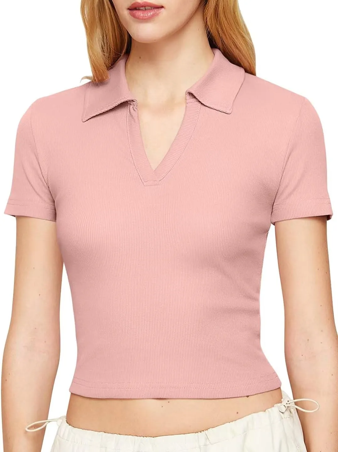 Bliwov Womens Summer V Neck Collared Work Tops Dressy Casual Short Sleeve Crop Polo Ribbed Shirts for Woman 2025 Trendy