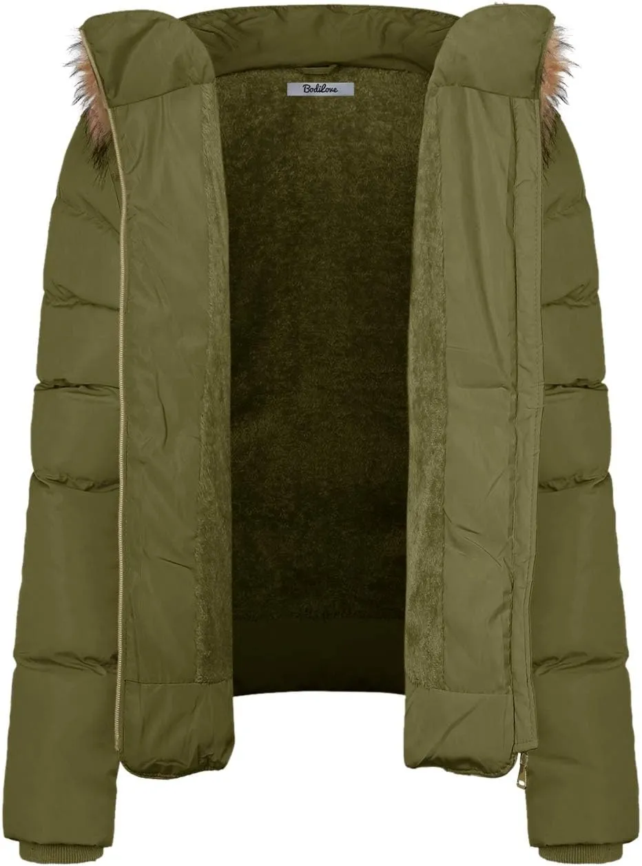 BodiLove Thickened Winter Puffer Jacket with Removable Faux Fur Hood Fleece Lining