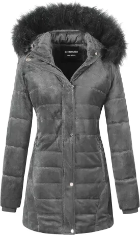 Chrisuno Women's Warm Winter Coat Velvet Puffer Jacket Quilted Faux Fur Hood