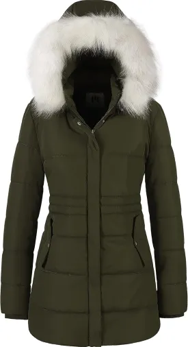 Chrisuno Women's Winter Warm Coats Puffer Jacket Long Drawstring Waterproof Snow Parka With Removable Faux Fur Trim Hood