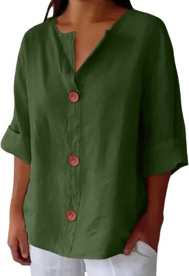 Cotton Linen Shirts for Women Gauze Boho Button Down 3/4 Sleeve Blouses Summer Tops Loose Fit Beach Vacation Outfits