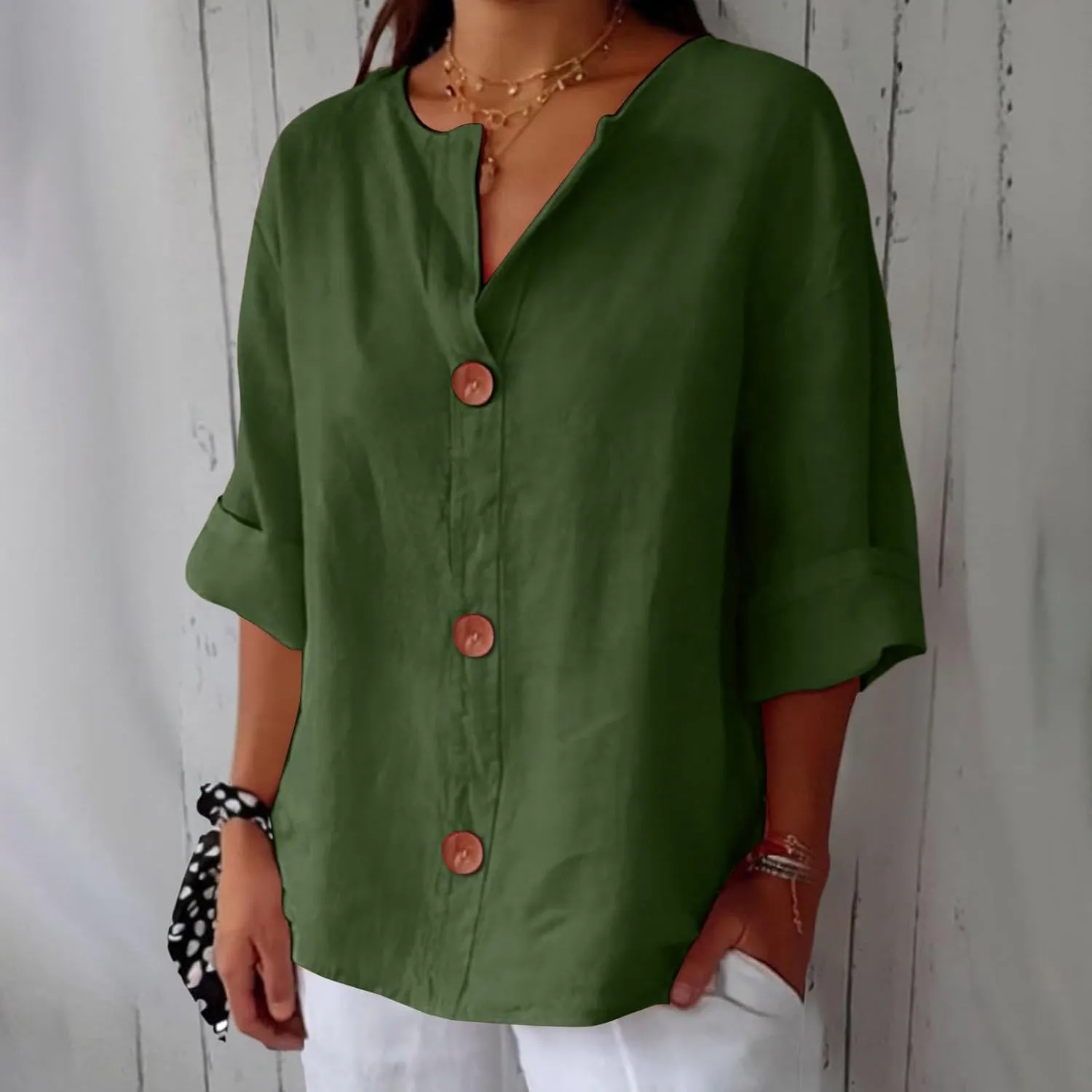 Cotton Linen Shirts for Women Gauze Boho Button Down 3/4 Sleeve Blouses Summer Tops Loose Fit Beach Vacation Outfits