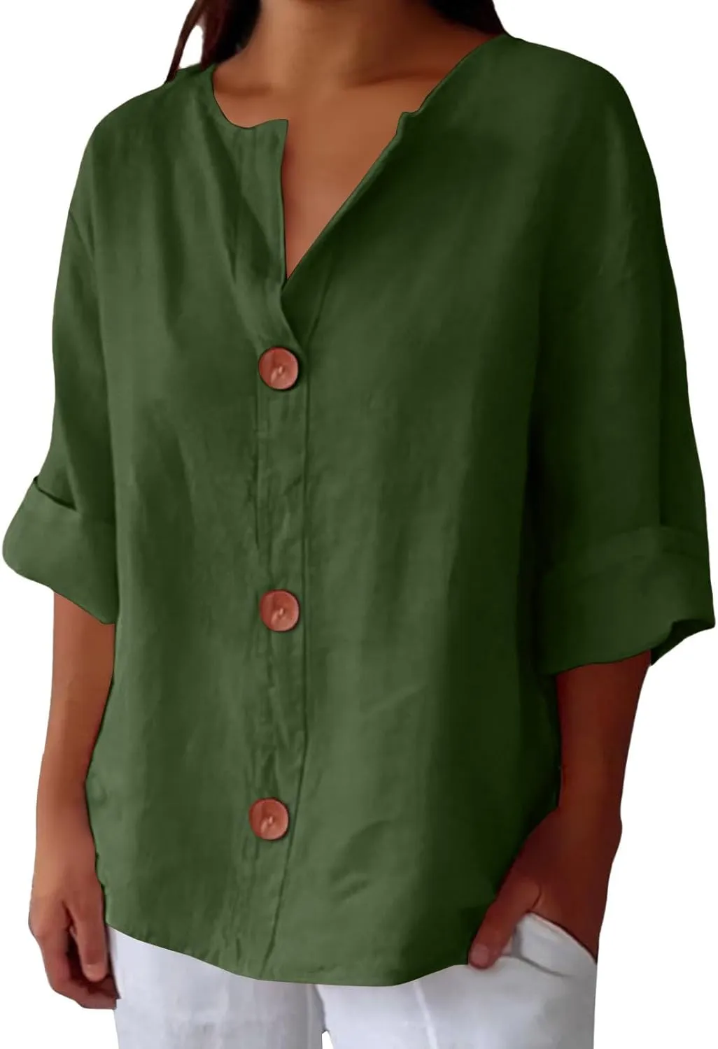 Cotton Linen Shirts for Women Gauze Boho Button Down 3/4 Sleeve Blouses Summer Tops Loose Fit Beach Vacation Outfits