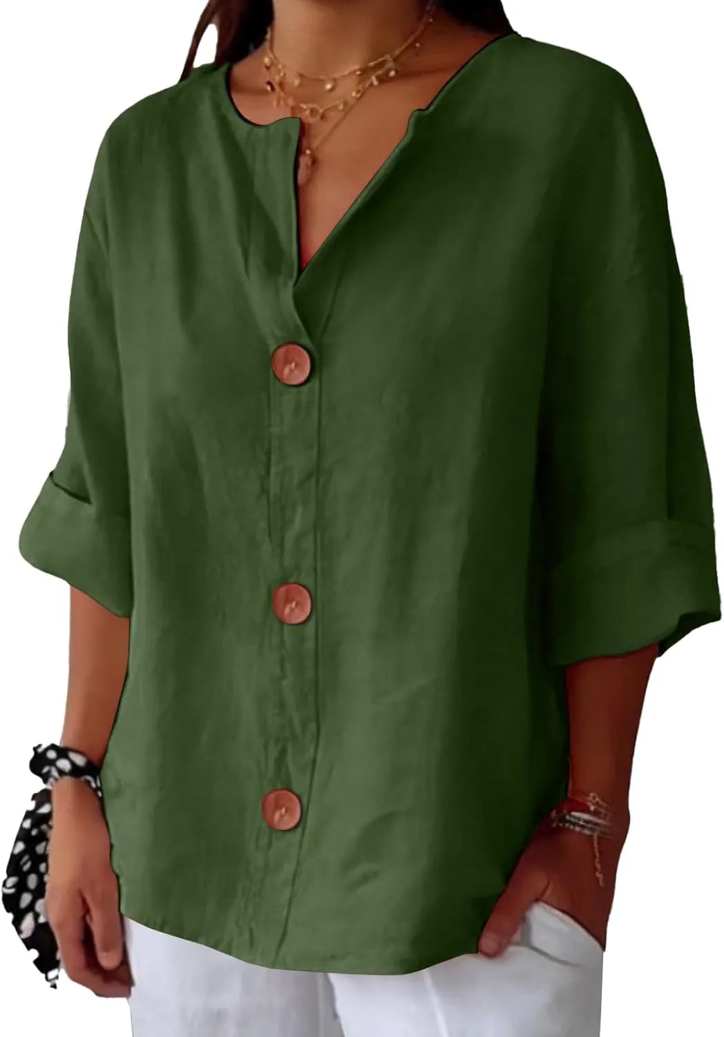 Cotton Linen Shirts for Women Gauze Boho Button Down 3/4 Sleeve Blouses Summer Tops Loose Fit Beach Vacation Outfits