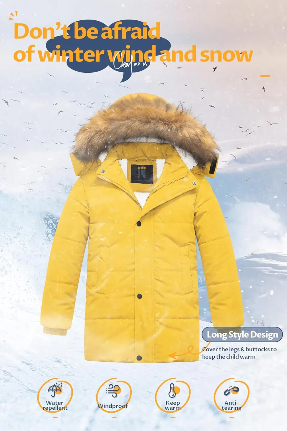 CREATMO US Boy's Sherpa Long Parka Winter Coat Thicken Water Repellent Puffer Jacket With Removable Faux Fur Hood