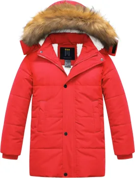 CREATMO US Boy's Sherpa Long Parka Winter Coat Thicken Water Repellent Puffer Jacket With Removable Faux Fur Hood