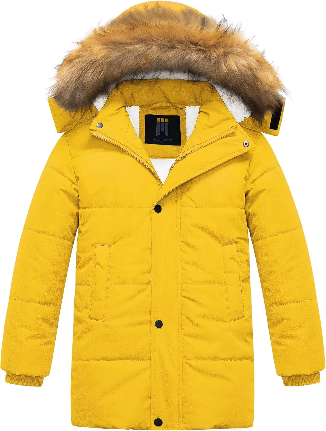 CREATMO US Boy's Sherpa Long Parka Winter Coat Thicken Water Repellent Puffer Jacket With Removable Faux Fur Hood