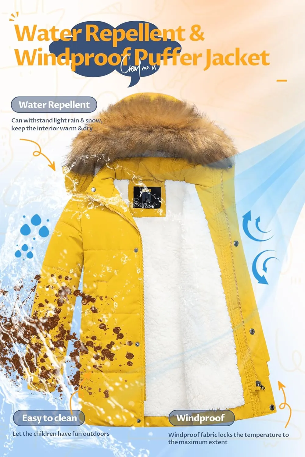 CREATMO US Boy's Sherpa Long Parka Winter Coat Thicken Water Repellent Puffer Jacket With Removable Faux Fur Hood
