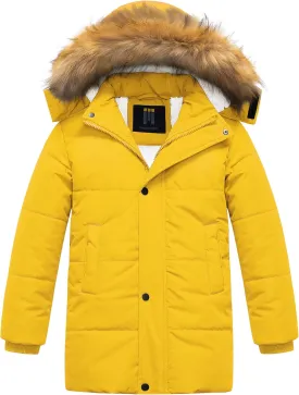 CREATMO US Boy's Sherpa Long Parka Winter Coat Thicken Water Repellent Puffer Jacket With Removable Faux Fur Hood
