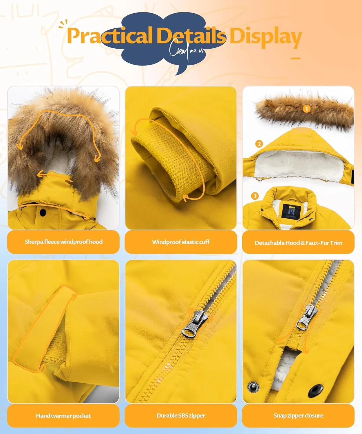 CREATMO US Boy's Sherpa Long Parka Winter Coat Thicken Water Repellent Puffer Jacket With Removable Faux Fur Hood