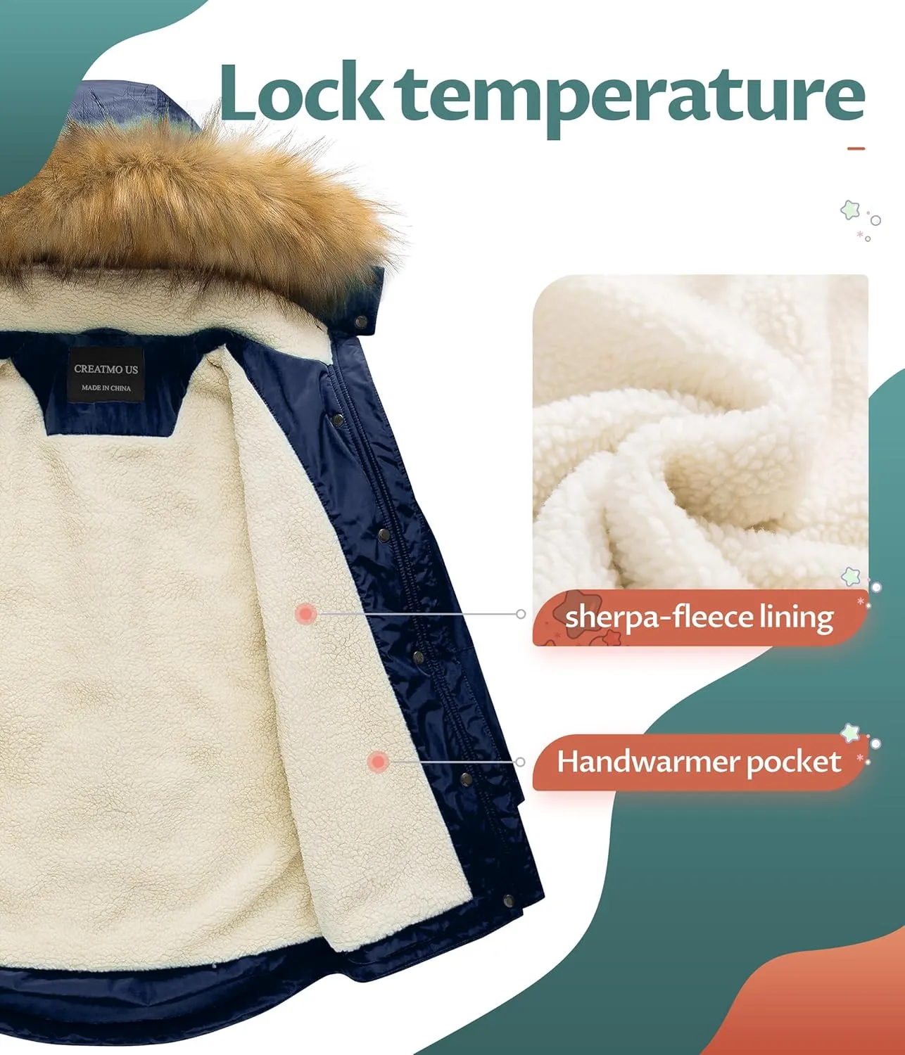 CREATMO US Girl's Long Winter Warm Parka Sherpa Trimmed Collar Puffer Ski Jacket Coat