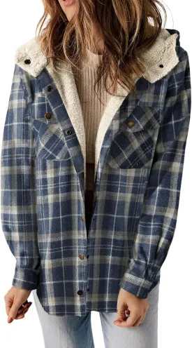 Dokotoo Womens Plaid Shacket Jacket Long Sleeve Button Down Fleece Hooded Jackets Warm Coat