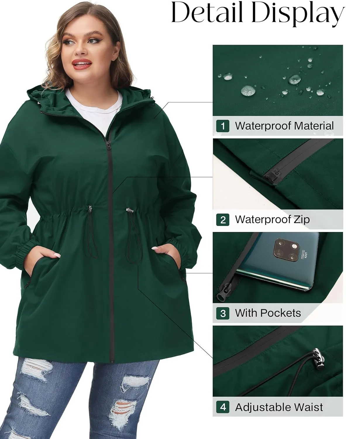 Hanna Nikole Women's Plus Size Long Hooded Raincoat Lightweight Waterproof Windbreaker Jacket