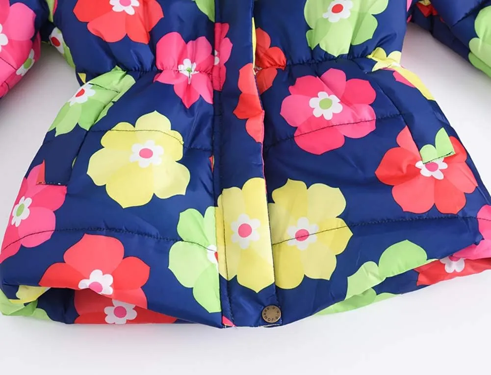 IBTOM CASTLE Kids Boys Girls Winter Warm Fur Collar Hooded Coat Butterfly Floral Print Padded Fleece Parka Jacket