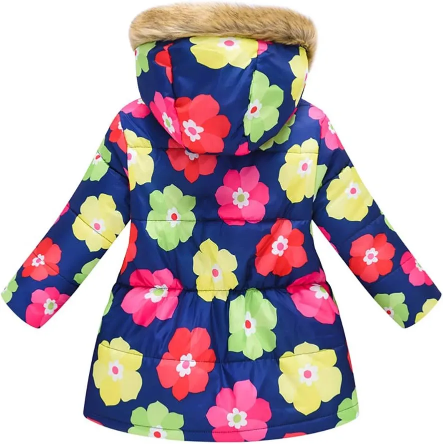 IBTOM CASTLE Kids Boys Girls Winter Warm Fur Collar Hooded Coat Butterfly Floral Print Padded Fleece Parka Jacket