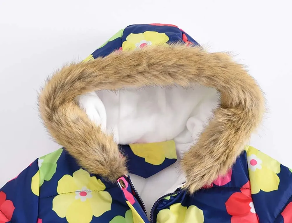 IBTOM CASTLE Kids Boys Girls Winter Warm Fur Collar Hooded Coat Butterfly Floral Print Padded Fleece Parka Jacket