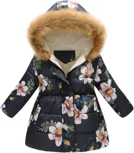 IBTOM CASTLE Kids Boys Girls Winter Warm Fur Collar Hooded Coat Butterfly Floral Print Padded Fleece Parka Jacket
