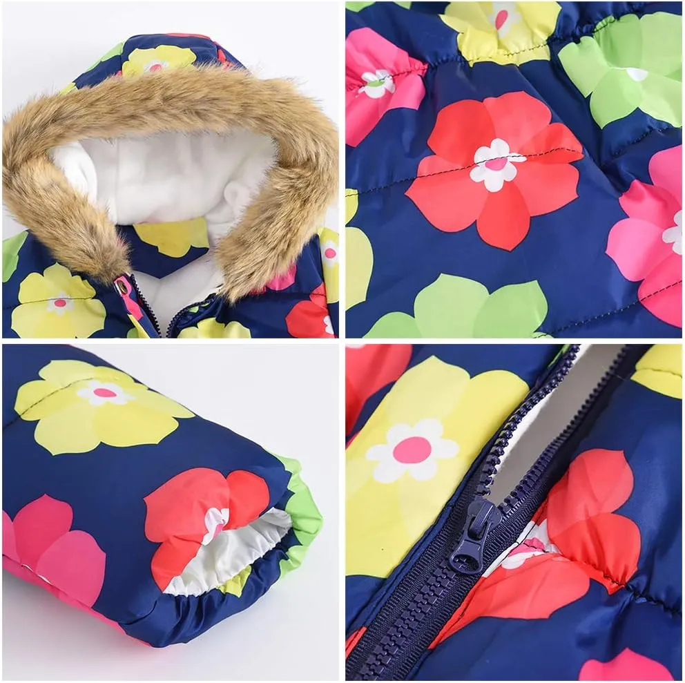 IBTOM CASTLE Kids Boys Girls Winter Warm Fur Collar Hooded Coat Butterfly Floral Print Padded Fleece Parka Jacket
