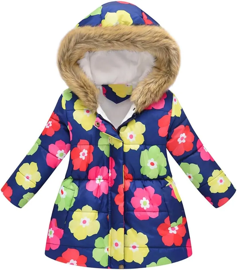 IBTOM CASTLE Kids Boys Girls Winter Warm Fur Collar Hooded Coat Butterfly Floral Print Padded Fleece Parka Jacket