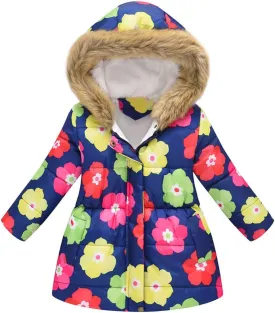 IBTOM CASTLE Kids Boys Girls Winter Warm Fur Collar Hooded Coat Butterfly Floral Print Padded Fleece Parka Jacket