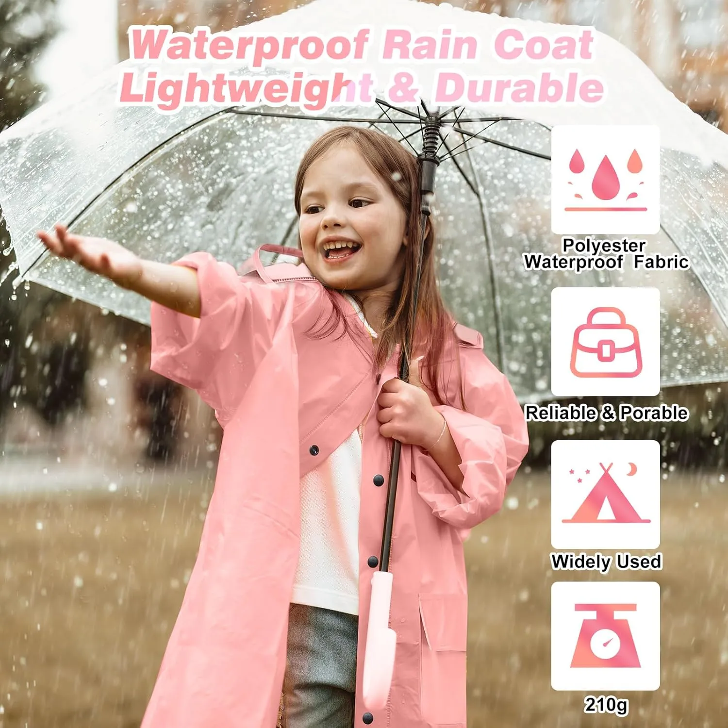 LAMA Kids Raincoat with Hood, Lightweight Raincoat for Girls, Kid Long Rain Jacket