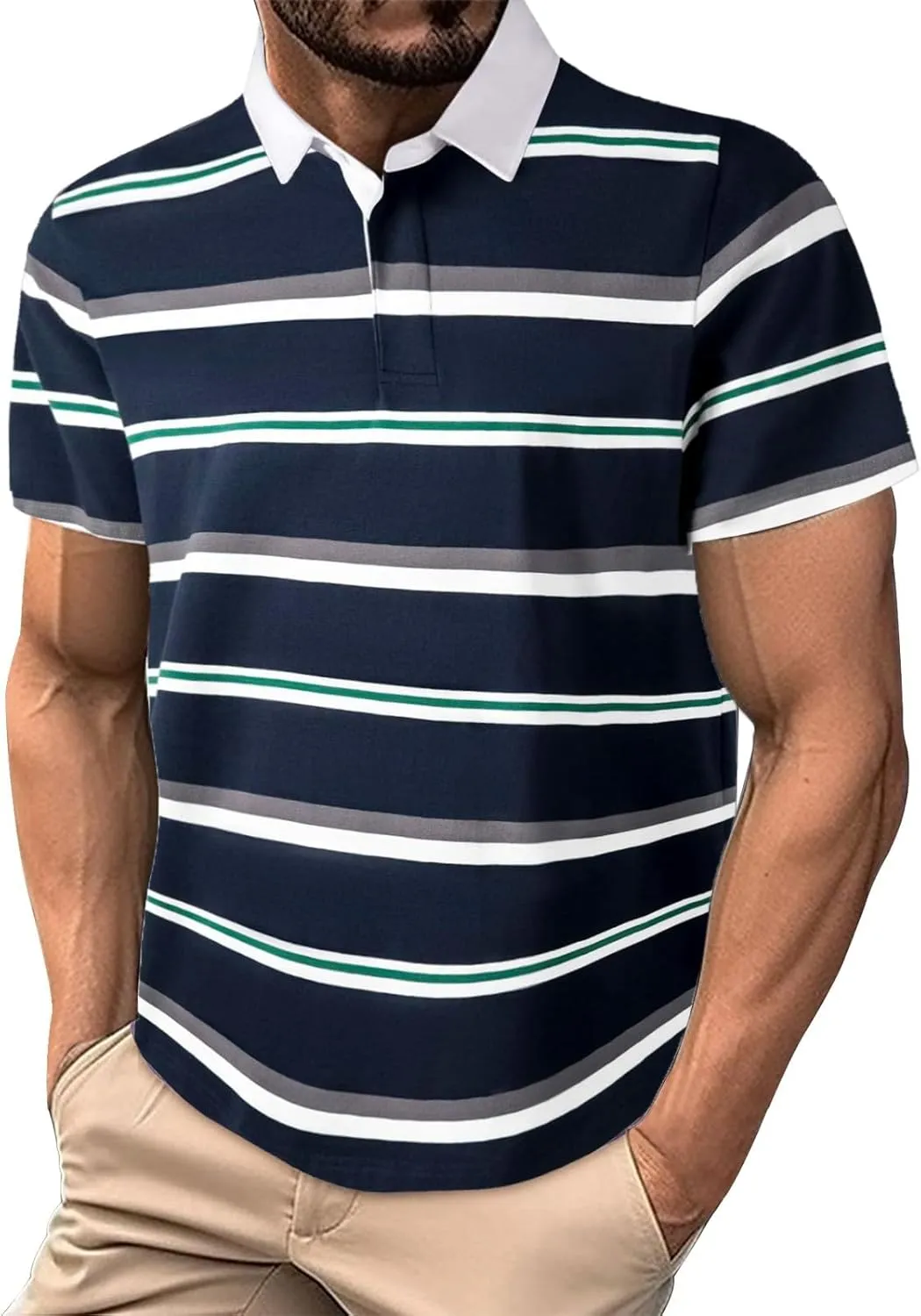 LCMTWX Mens Big and Tall Shirts Trend Lapel Striped Button Color Blocking Short Sleeved T Shirt Mens Golf Shirts Casual