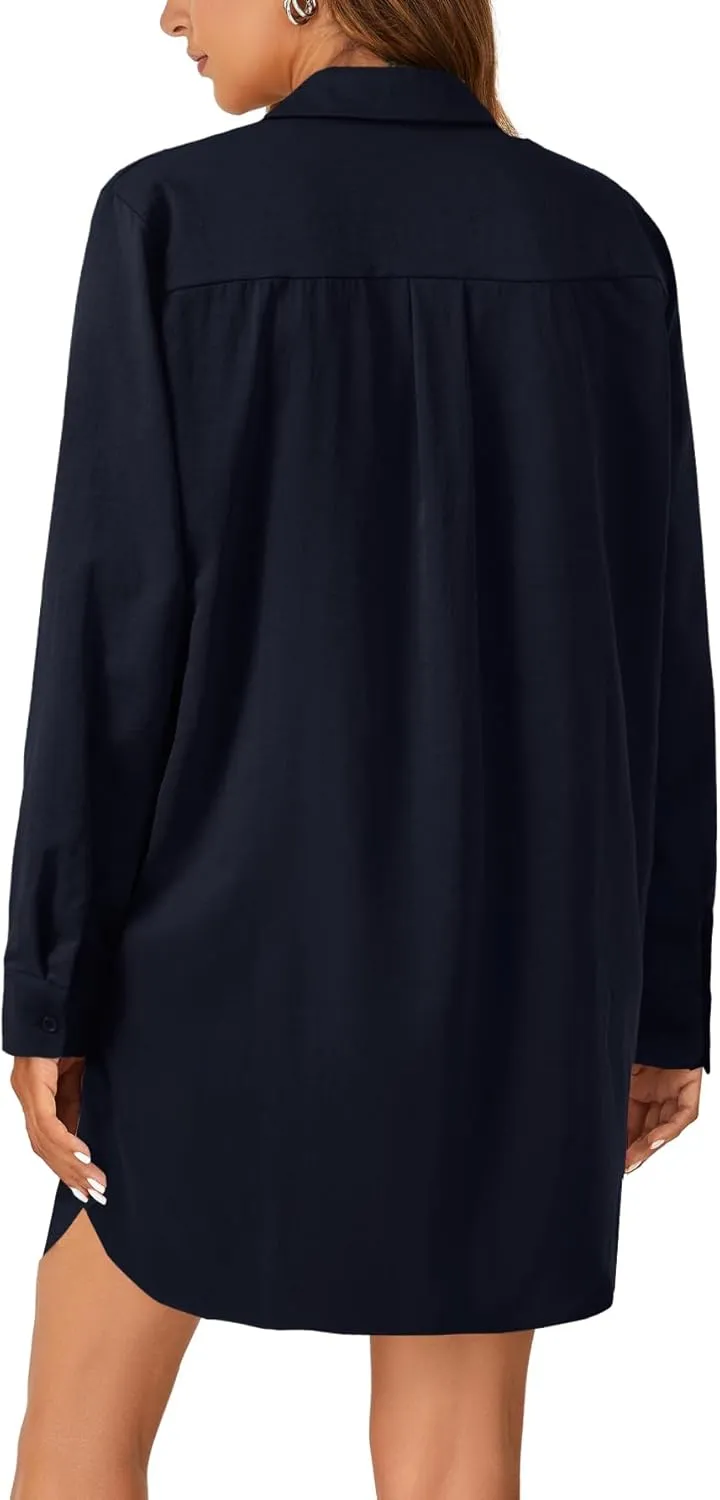 LYANER Women's Button Down Shirt Dresses Collared V Neck Long Sleeve Slit Mini Dress