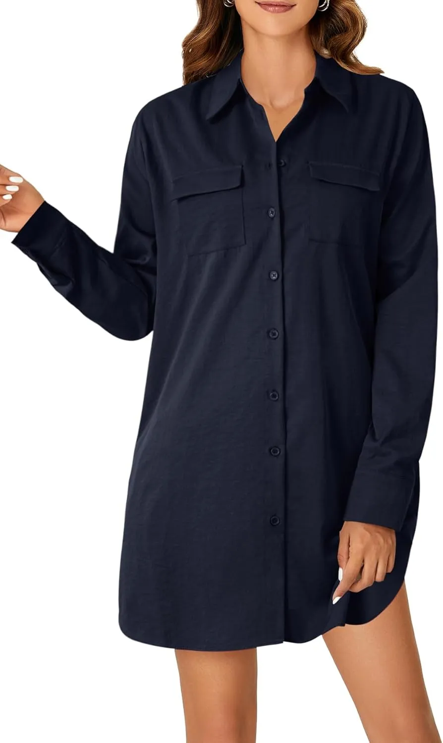 LYANER Women's Button Down Shirt Dresses Collared V Neck Long Sleeve Slit Mini Dress