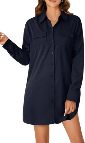 LYANER Women's Button Down Shirt Dresses Collared V Neck Long Sleeve Slit Mini Dress