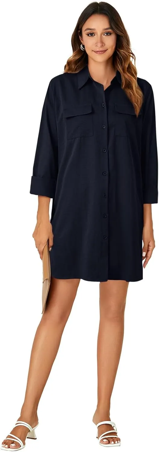 LYANER Women's Button Down Shirt Dresses Collared V Neck Long Sleeve Slit Mini Dress