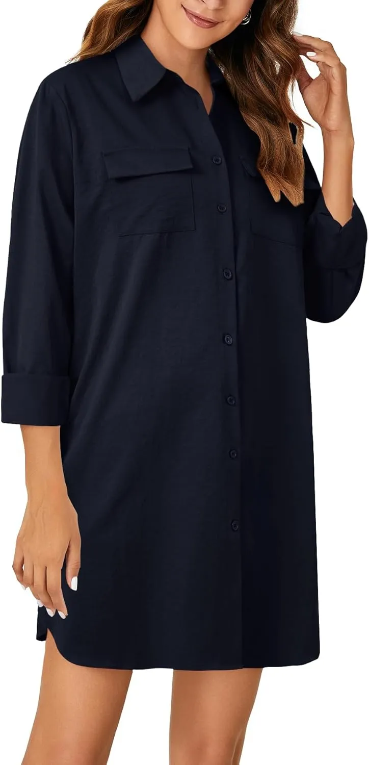 LYANER Women's Button Down Shirt Dresses Collared V Neck Long Sleeve Slit Mini Dress