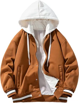 Men's Casual Varsity Jacket Hooded Vintage Lightweight Bomber Jackets Baseball Flight Hood Coat Windbreaker