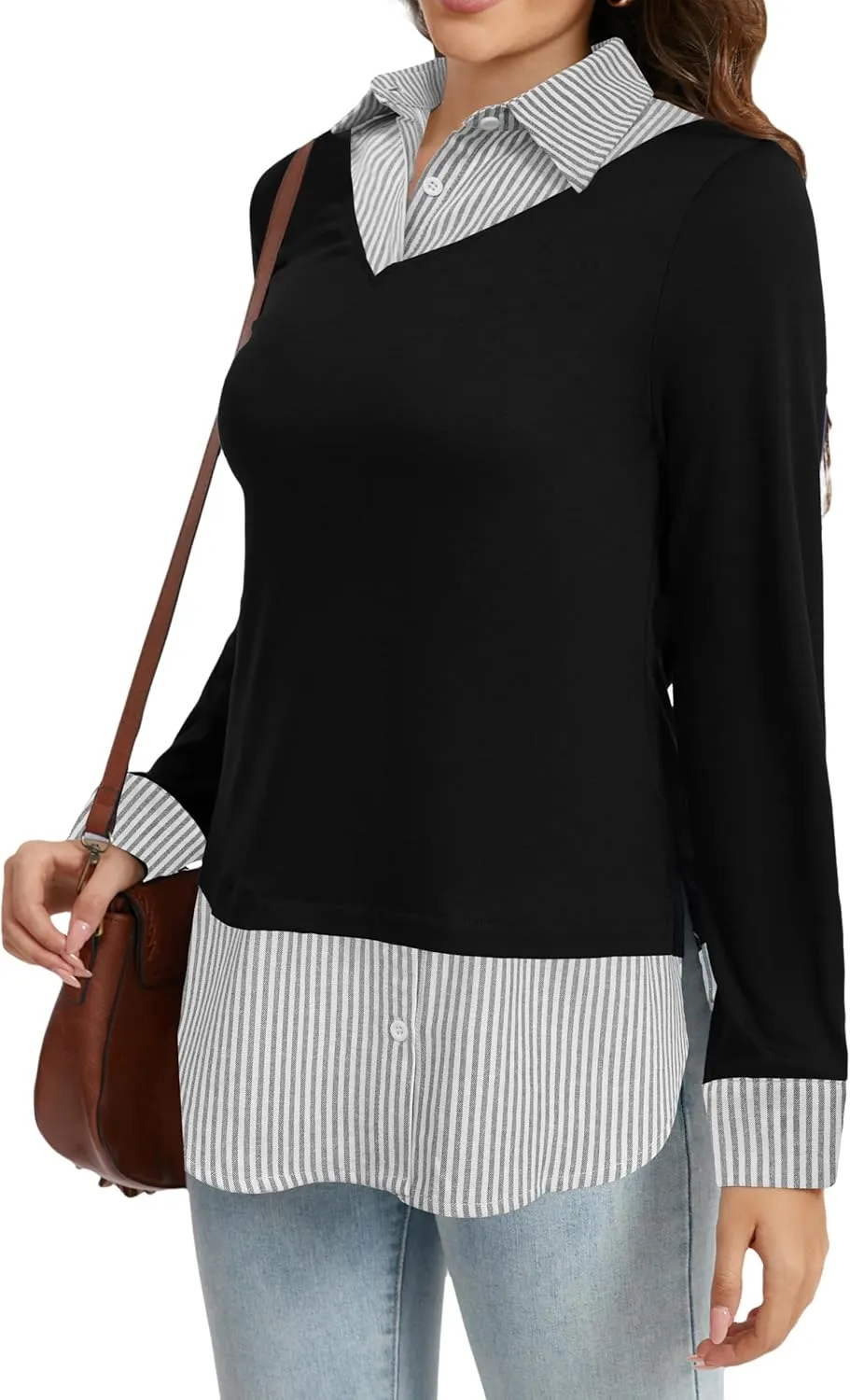 Oyamiki Women's Casual Collared Curved Hem 2 in 1 Pullover Tops Plaid Contrast Shirt Blouse